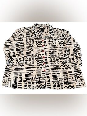 Ali Miles Abstract Black White Top Blouse 2XL Pockets 3/4 Sleeves Button Up EUC